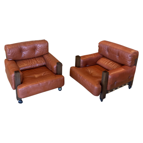 Pair of Chunky Wood and Leather Rolling Armchairs