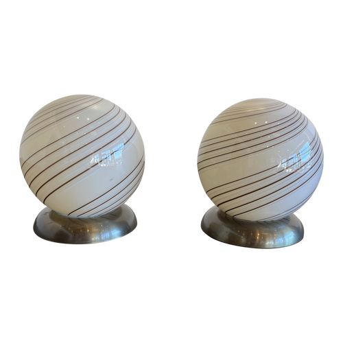 Pair of Murano Bronze Detail Globe Lamps