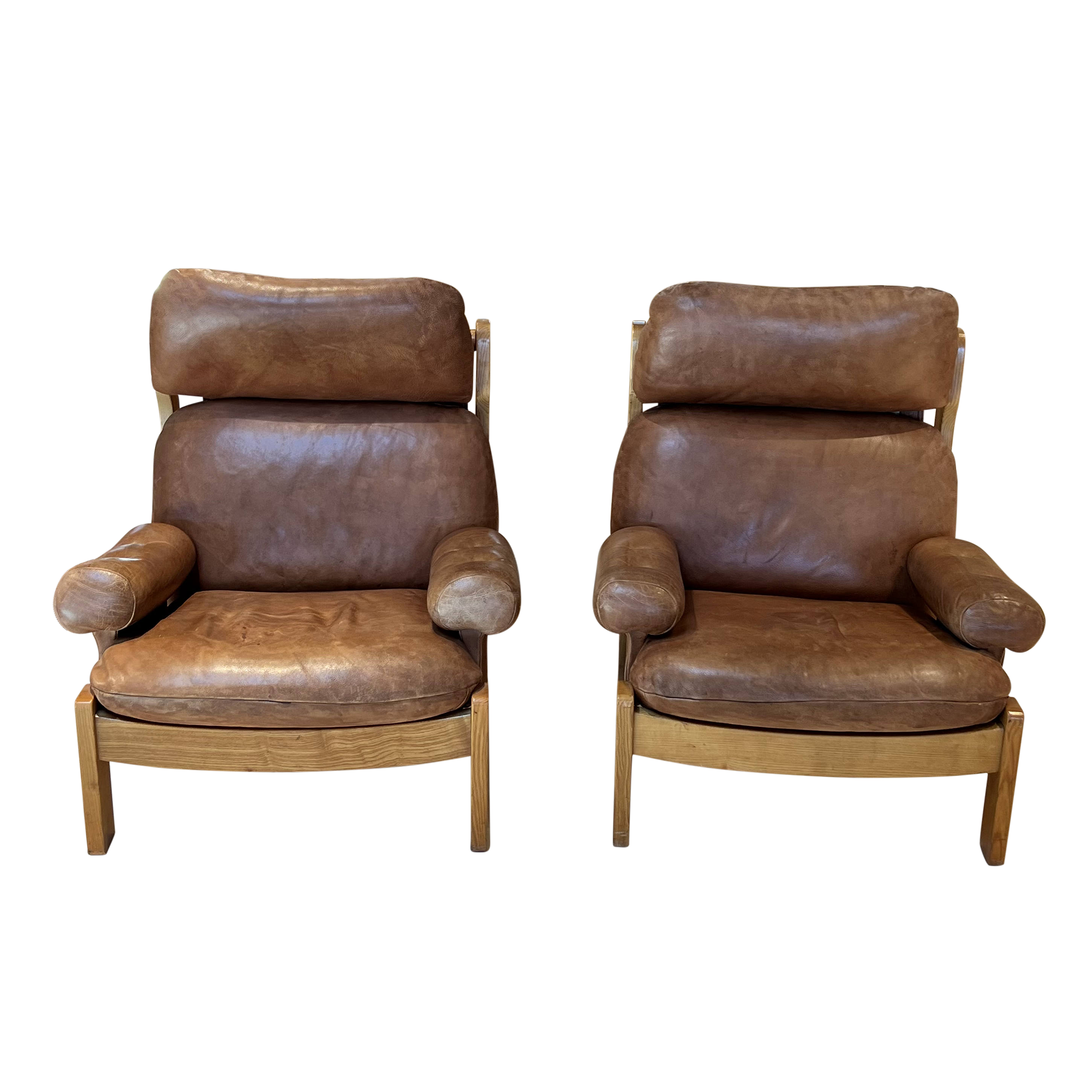 Pair of French MCM Leather Arm Chairs Pop Up Home