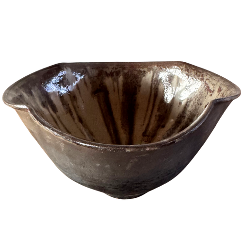 Fluted Studio Pottery Bowl in Brown and Gray Glaze