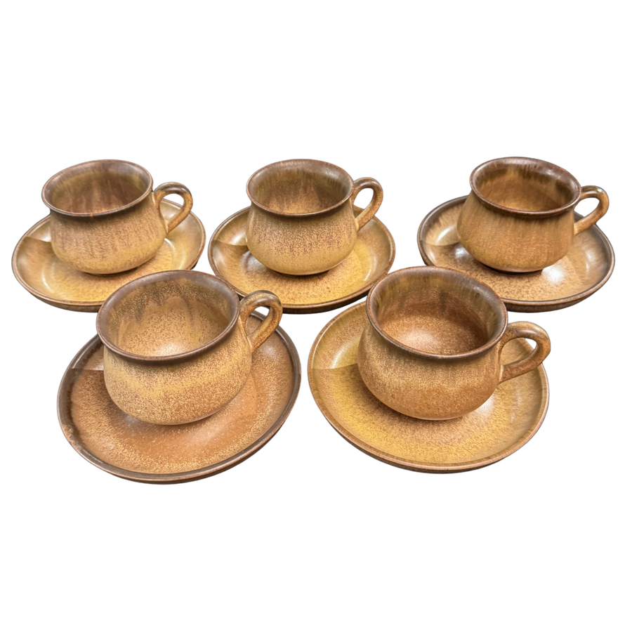 Set of 5 Studio Pottery Teacups with Saucers
