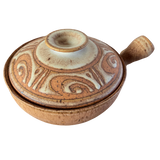 Handled Lidded Studio Pottery Vessel with Carved Swirl Pattern