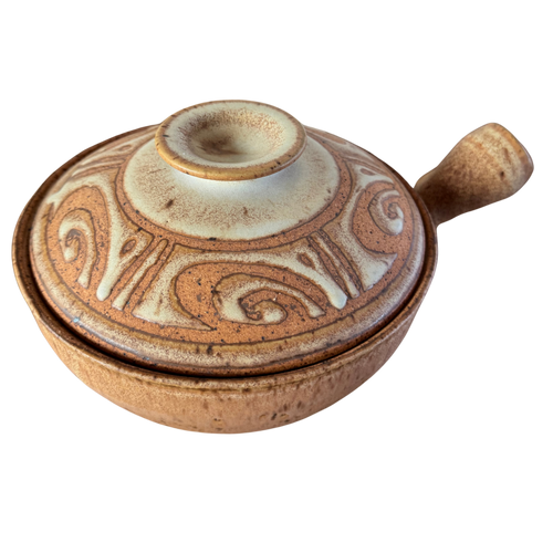 Handled Lidded Studio Pottery Vessel with Carved Swirl Pattern