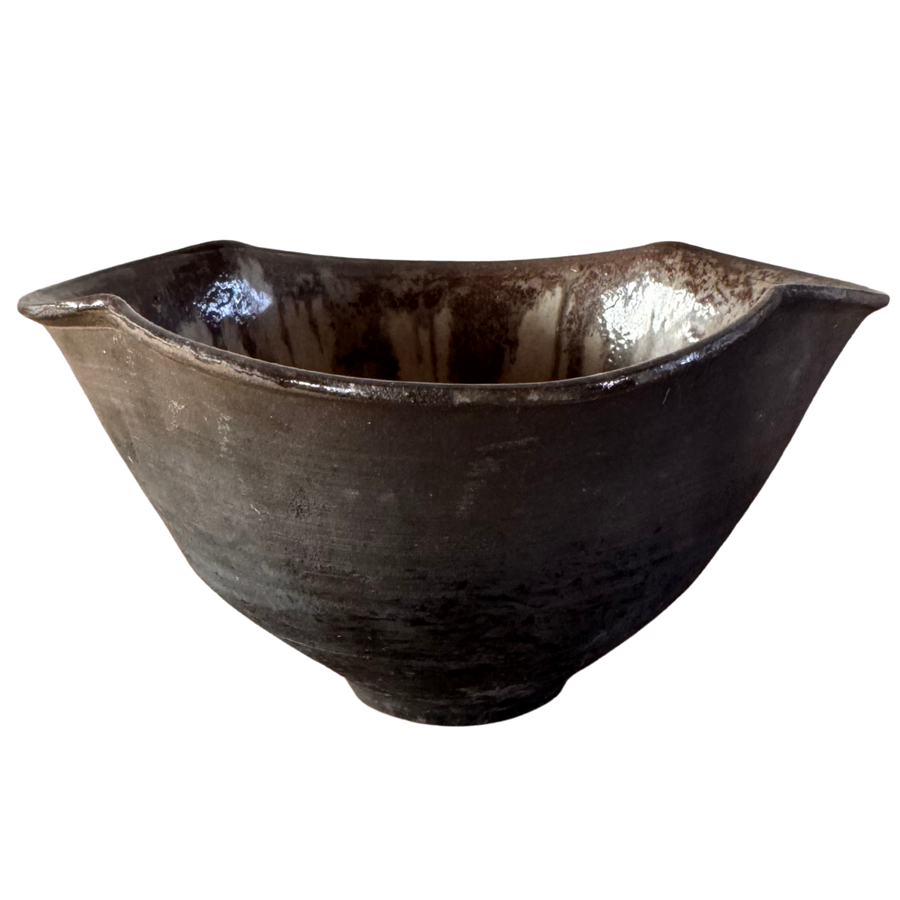 Fluted Studio Pottery Bowl in Brown and Gray Glaze