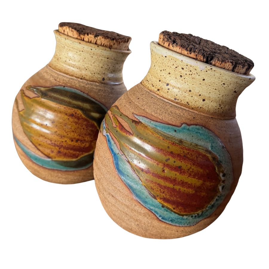 Set of Four Cork Lidded Studio Pottery Canisters