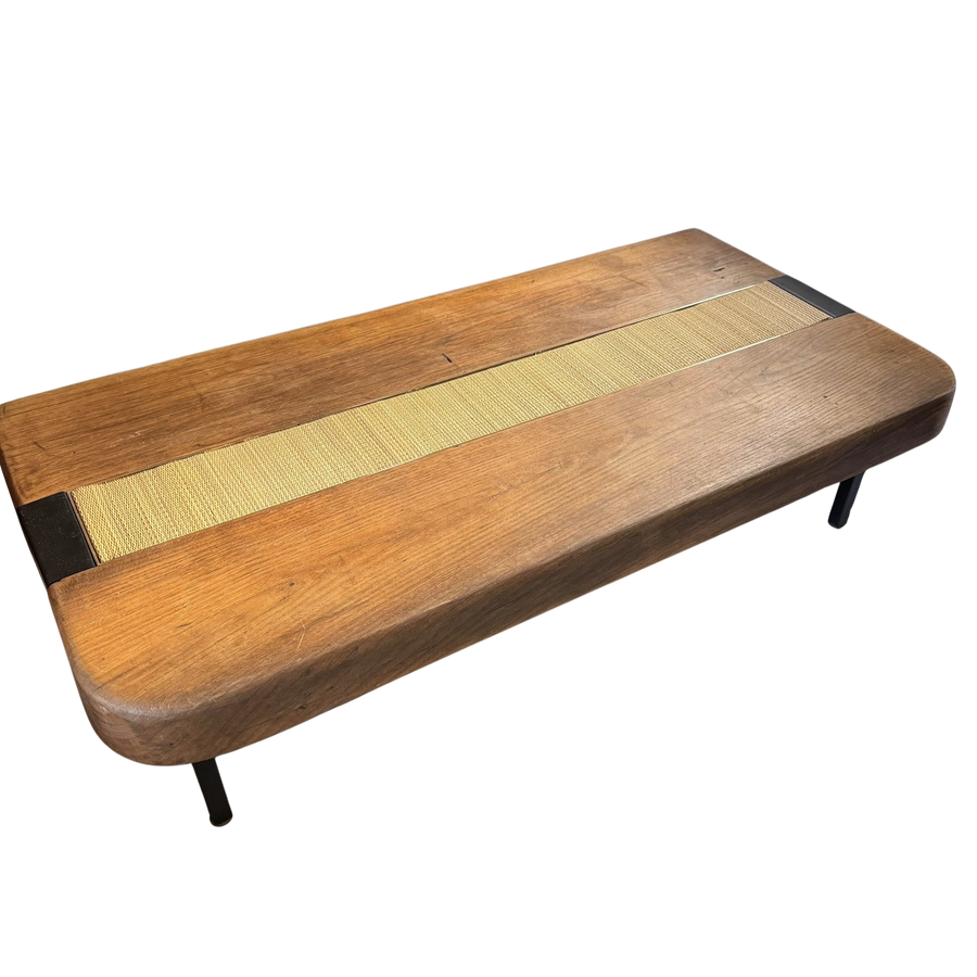 French Oak and Woven Fiber Coffee Table, 1960s