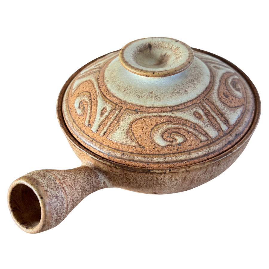Handled Lidded Studio Pottery Vessel with Carved Swirl Pattern