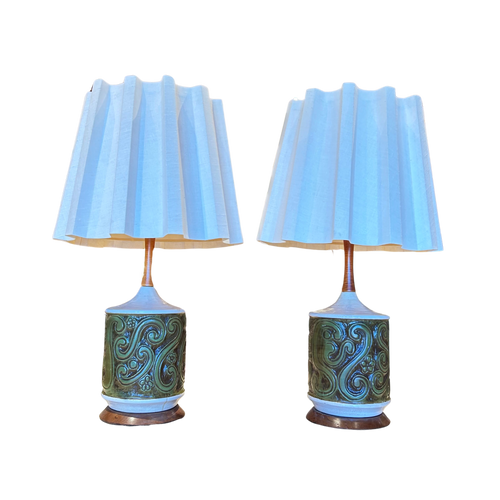 Pair of Ceramic and Wood Accent Table Lamps with Pleated Shades