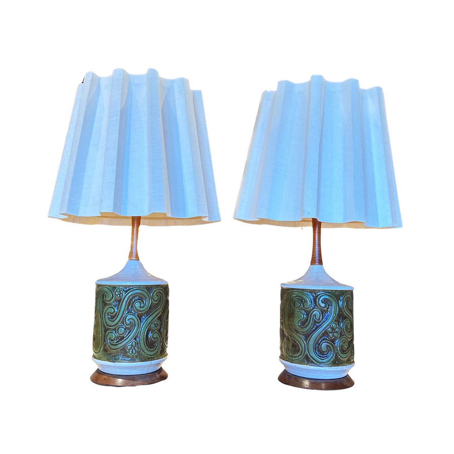 Pair of Ceramic and Wood Accent Table Lamps with Pleated Shades