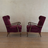 Pair of Merlot Velvet Italian Wingback Chairs