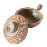 Handled Lidded Studio Pottery Vessel with Carved Swirl Pattern