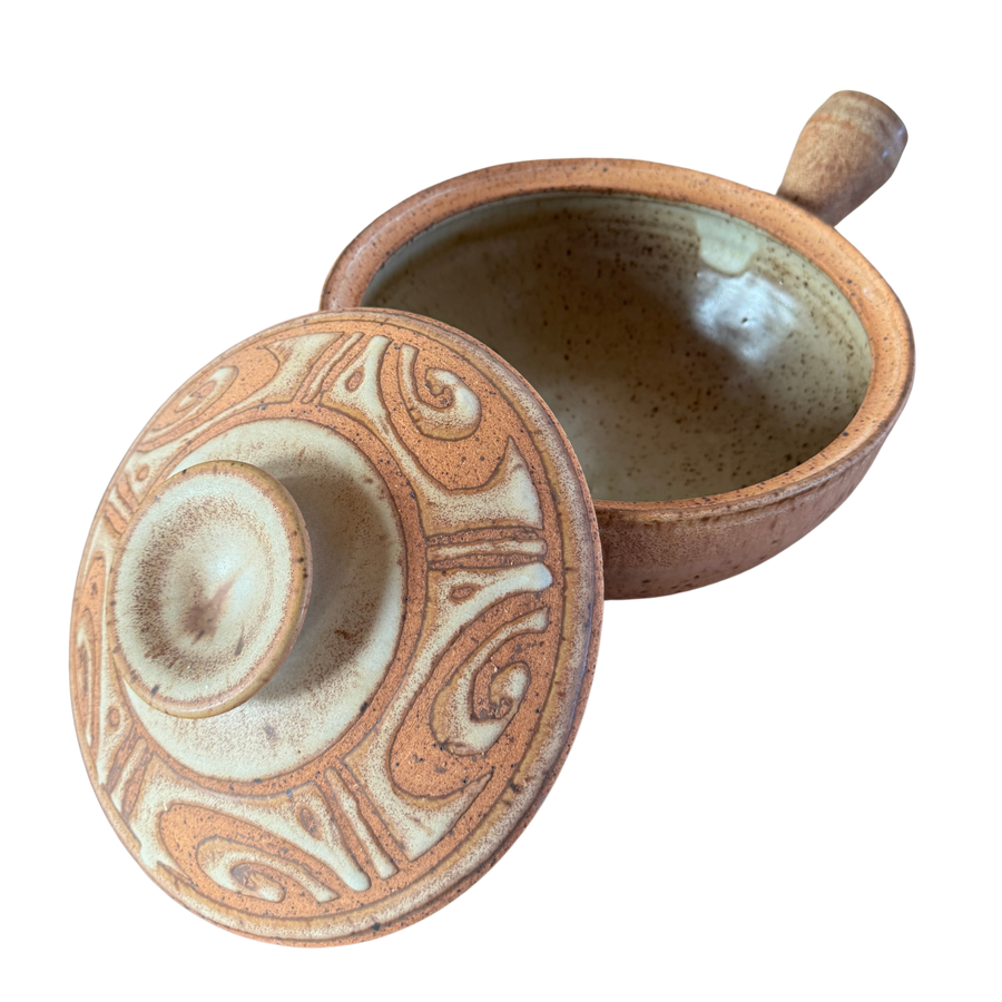 Handled Lidded Studio Pottery Vessel with Carved Swirl Pattern