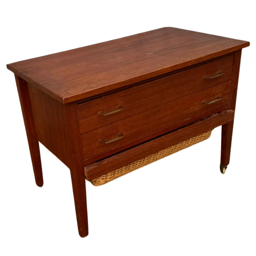 French Teak Chest with Woven Basket Drawer, 1960s