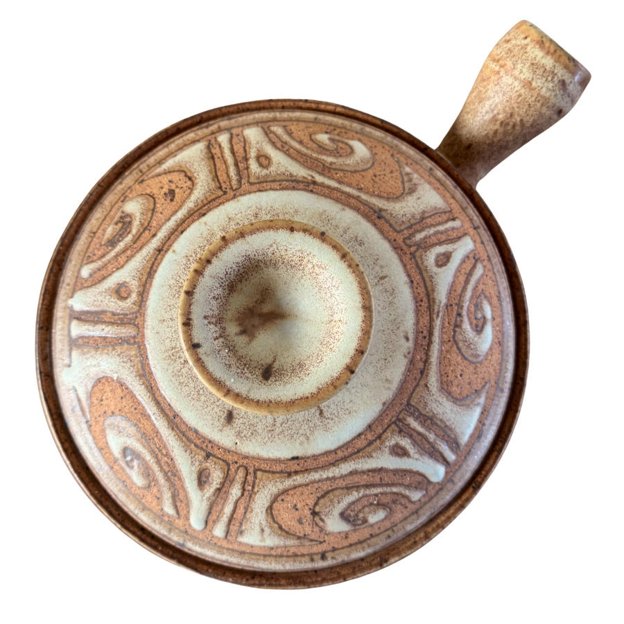 Handled Lidded Studio Pottery Vessel with Carved Swirl Pattern