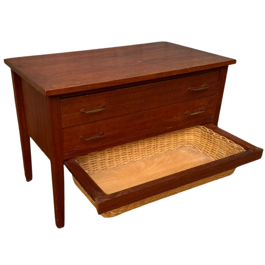 French Teak Chest with Woven Basket Drawer, 1960s