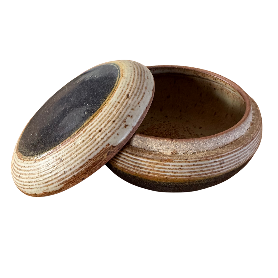 Lidded Studio Pottery Dish with Navy Accent