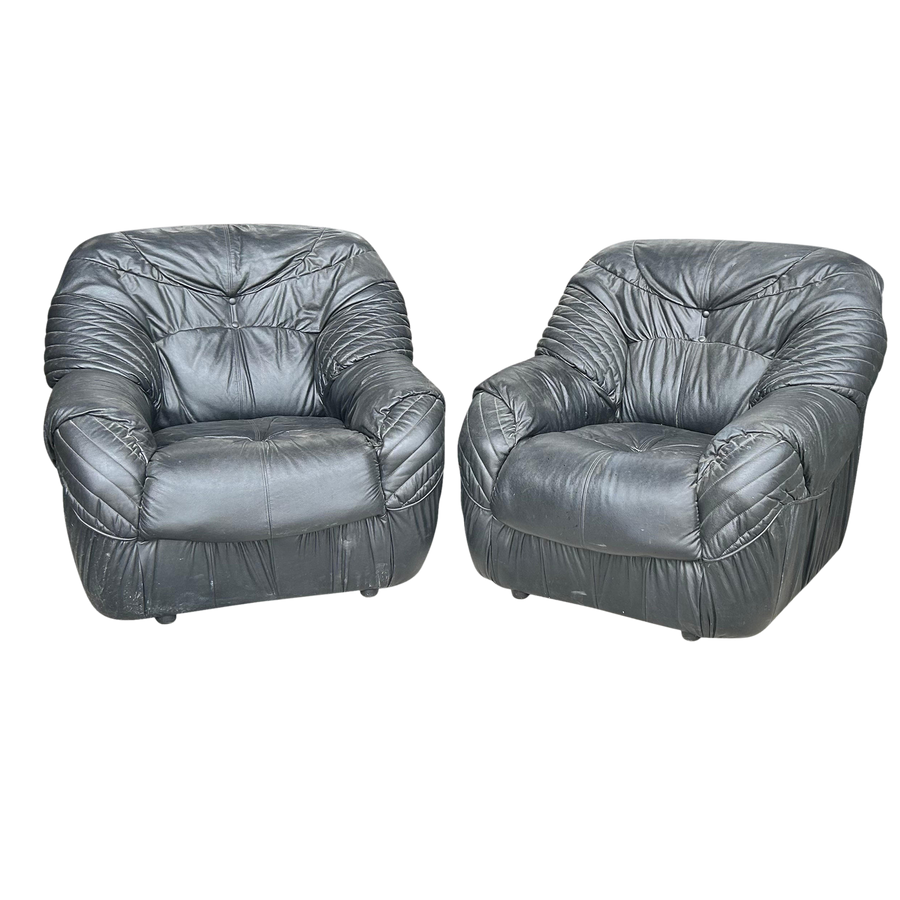 Pair of Vintage Italian Black Leather Chairs