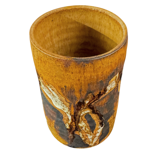 Tan Stoneware Vessel with Black and White Accents