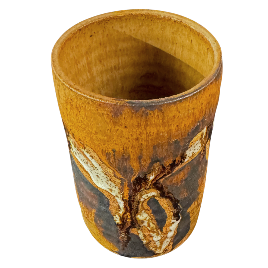 Tan Stoneware Vessel with Black and White Accents