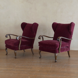 Pair of Merlot Velvet Italian Wingback Chairs