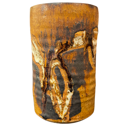 Tan Stoneware Vessel with Black and White Accents