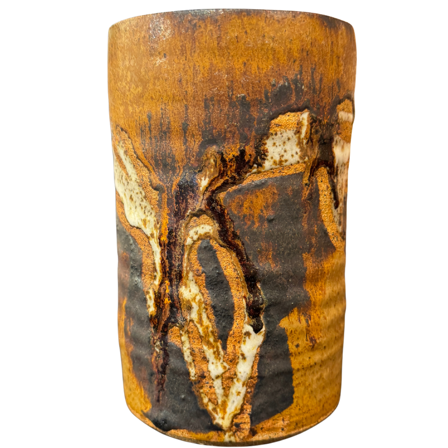 Tan Stoneware Vessel with Black and White Accents