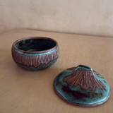 Turquoise Glazed Botanical Stoneware Lidded Bowl