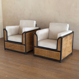 Pair of Vintage French Natural Wicker and Ebony Chairs