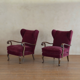 Pair of Merlot Velvet Italian Wingback Chairs