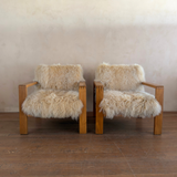 Pair of Vintage Solid Wood and Mongolian Sheepskin Armchairs