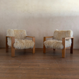 Pair of Vintage Solid Wood and Mongolian Sheepskin Armchairs