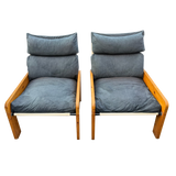 Pair of Pine Frame Lounge Chairs with Slate Blue Cushions