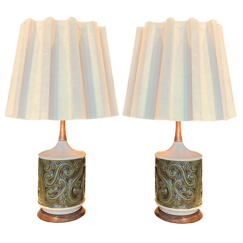 Pair of Ceramic and Wood Accent Table Lamps with Pleated Shades