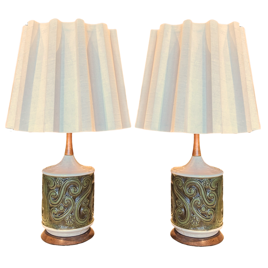 Pair of Ceramic and Wood Accent Table Lamps with Pleated Shades