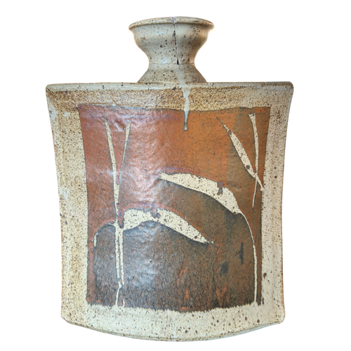 Large Square Stoneware Vase with Abstract Leaf Motif