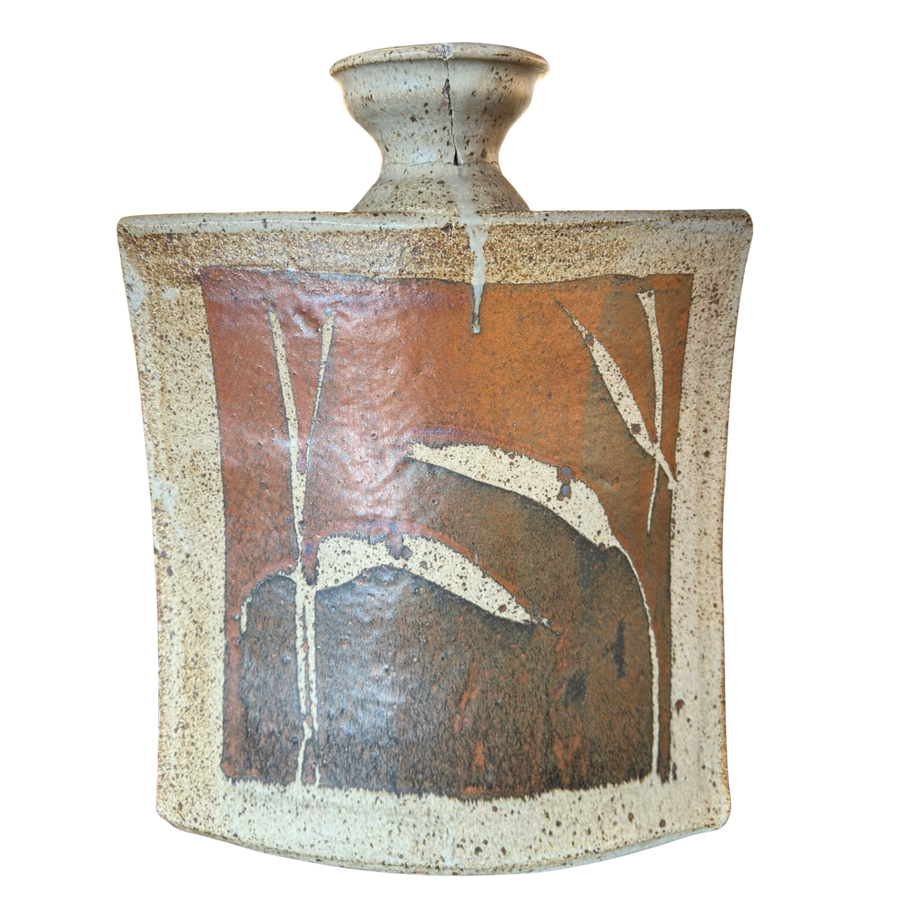 Large Square Stoneware Vase with Abstract Leaf Motif