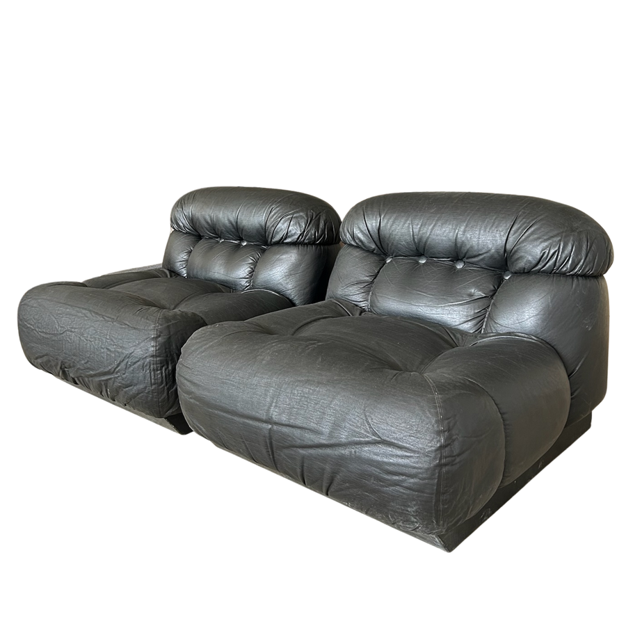 Pair of Italian Black Tufted Lounge Chairs, 1970s
