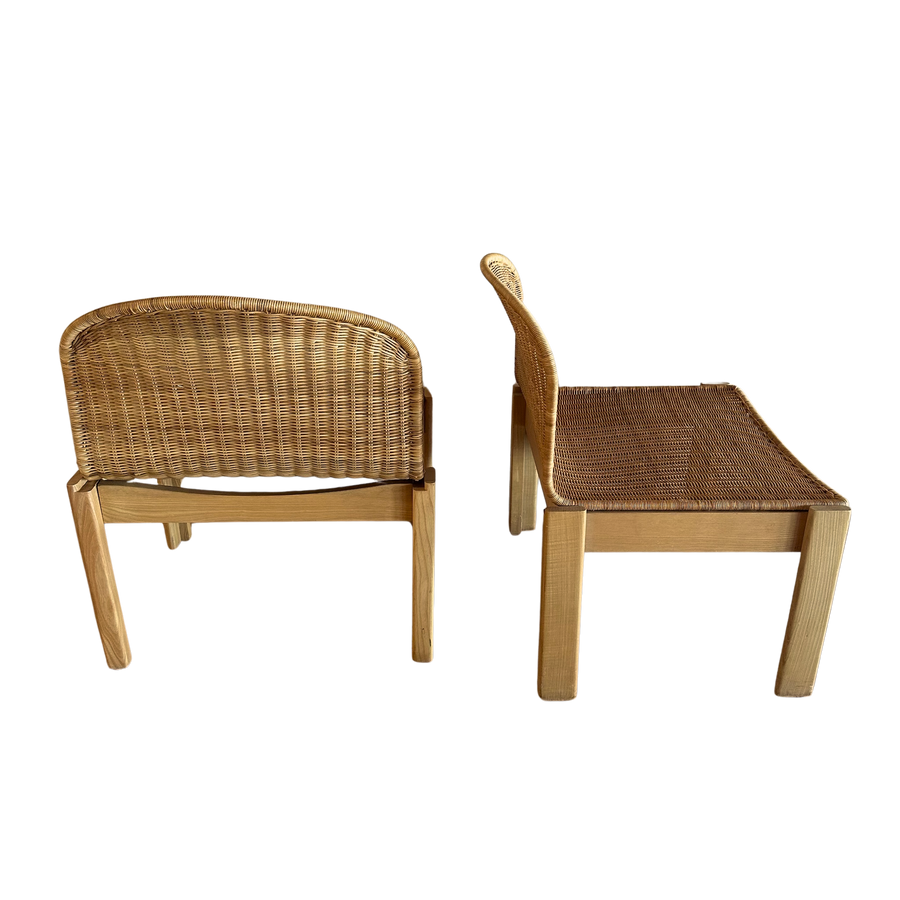 Pair of Vintage French Wicker and Wood Side Chairs