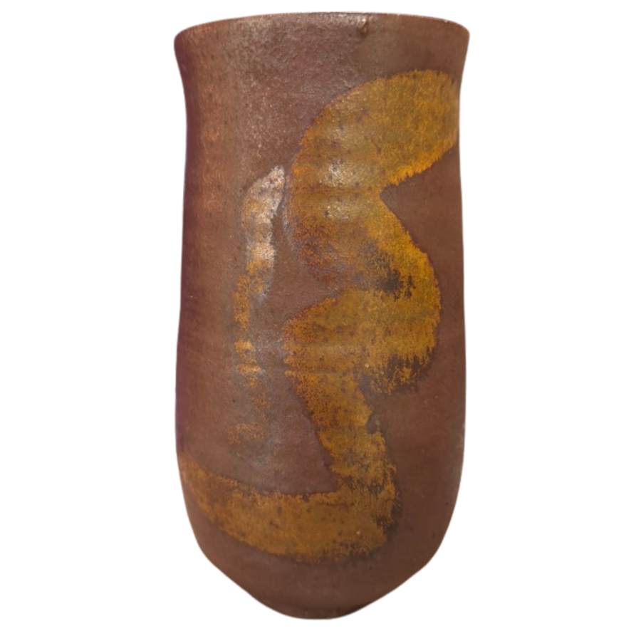 Tall Oxidized Clay Vase with Ochre Abstract Glaze