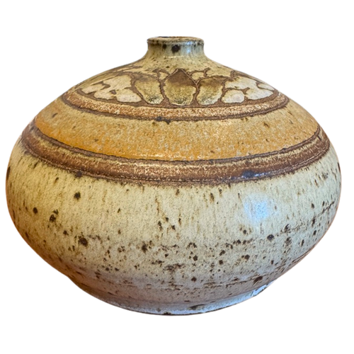 Flattened Studio Vessel with Carved Leaf Motif