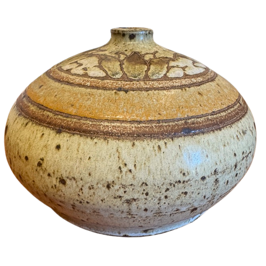 Flattened Studio Vessel with Carved Leaf Motif