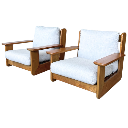 Pair of Oak Frame Lounge Chairs with Linen Upholstery