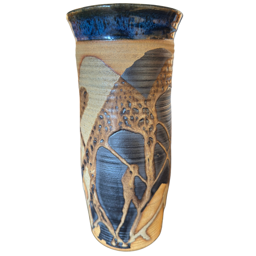 Cylindrical Vase with Blue Rim and Abstract Glaze