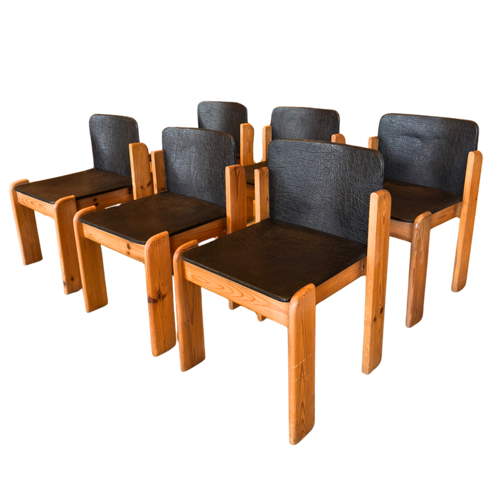 Set of 6 Italian Textured Leather Seat Dining Chairs in the manner of Silvio Coppola, 1970s