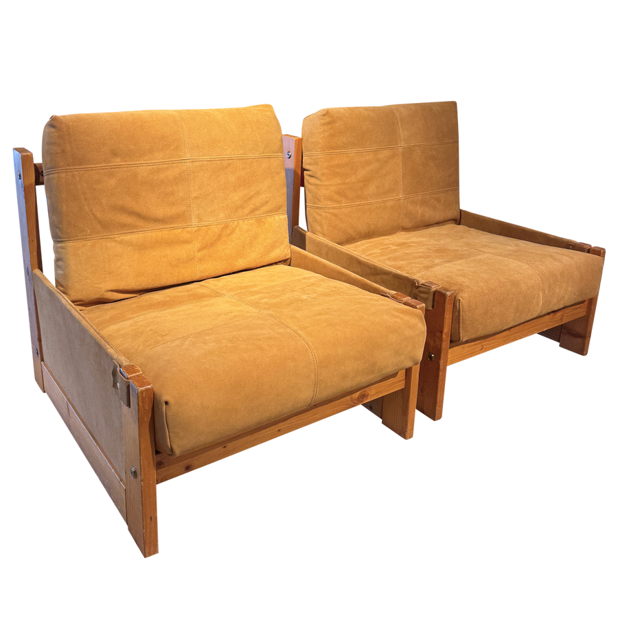 Pair of Suede Wood Frame Arm Chairs