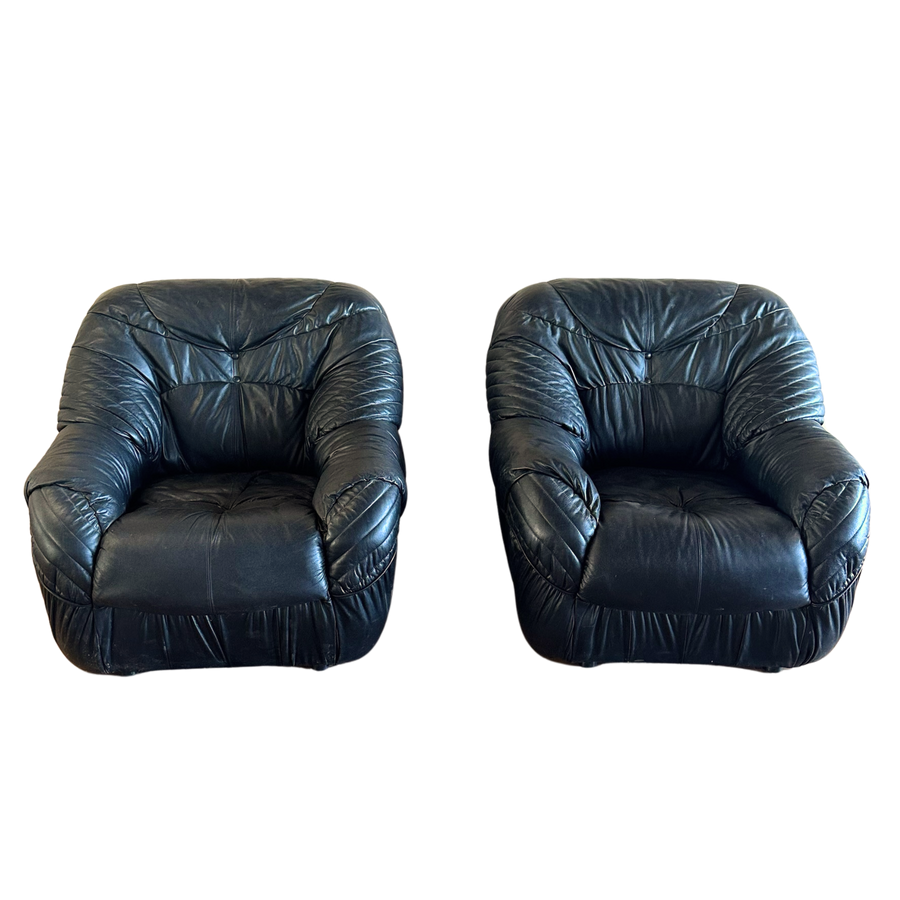Pair of Vintage Italian Black Leather Chairs