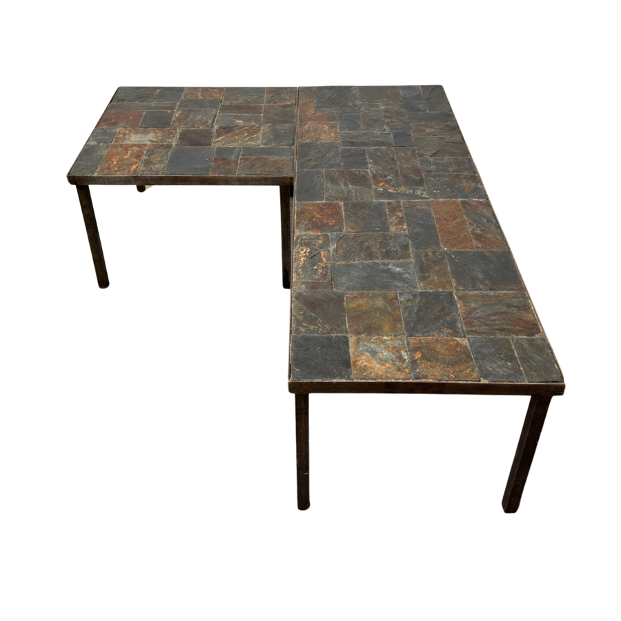Pair of Modular Slate Tiled Coffee Tables with Iron Base
