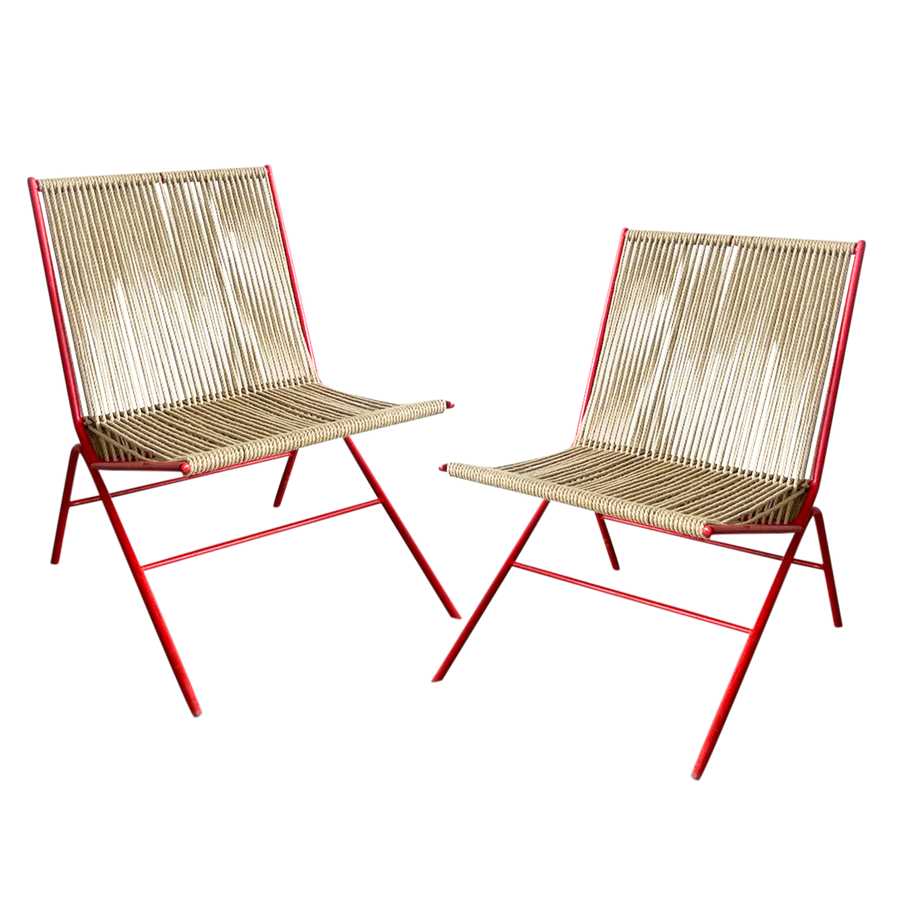 Pair of Red Metal Frame Rope Chairs