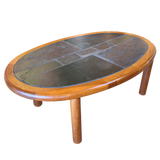 Slate and Teak Oval Coffee Table