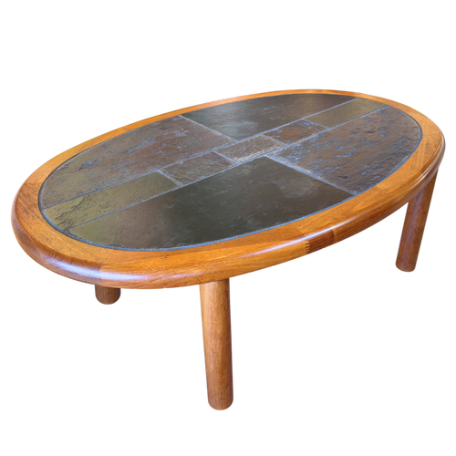 Slate and Teak Oval Coffee Table